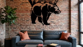 thumb Dağ Manzaralı Ayı Lazer Kesim Metal Tablo