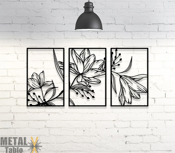 3 Parca Dekoratif Çiçek Metal Tablo