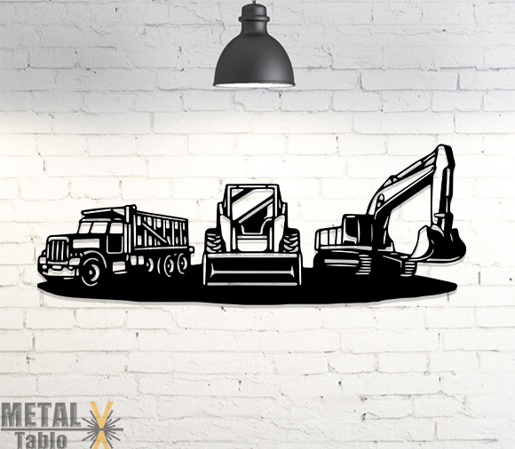 Üç İş Makinesi Lazer Kesim Metal Tablo