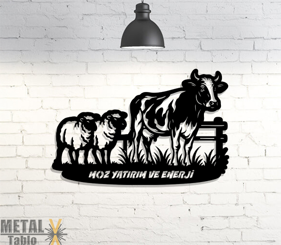 İnek ve Koyun Çiftlik Lazer Kesim Metal Tablo