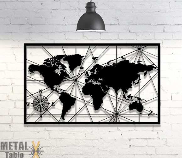 Dünya Haritası ve Pusula Metal Tablo