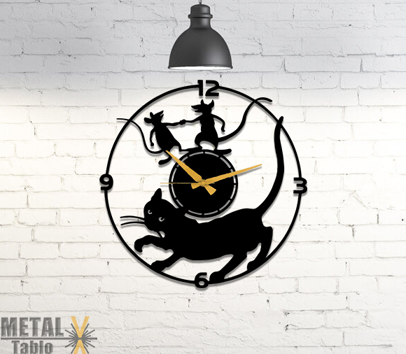 Kedi ve Fareler Metal Lazer Kesim Duvar Saati