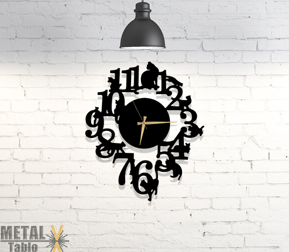 Kedi Severler İçin Kedi Figürlü Metal Duvar Saati