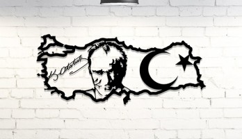 Atatürk ve İmzası - Türkiye Haritası ve Bayrağı Lazer Kesim Metal Tablo