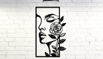 Kadın Yüzü ve Gül Lazer Kesim Metal Tablo