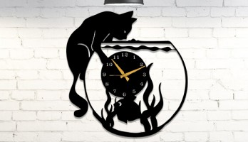 Kedi Balık ve Akvaryum Metal Duvar Saati