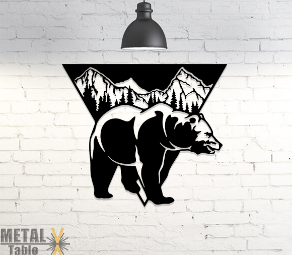 Dağ Manzaralı Ayı Lazer Kesim Metal Tablo